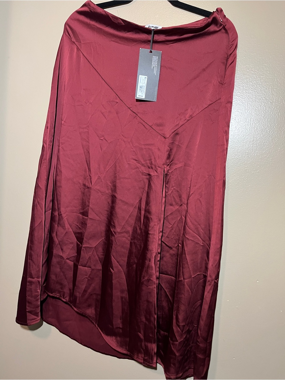 NWT Future Collective Burgundy Satin Midi Skirt Asymmetrical Size Small